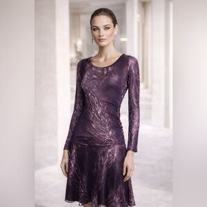 FUZZI Womens Purple Dress Sz L Long Sleeve Stretch Mesh Ruched Scoop Neck